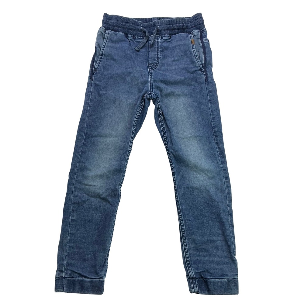 H&M Blue Jogger Jeans Kids Size 8-9Y Elastic Waist Ribbed Cuffs Stretch Denim